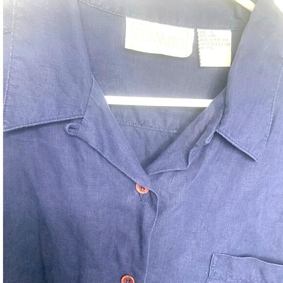 Edward Linen Button Up Vintage Top XL Navy Blue Short Sleeves 100%  Linen Office - Picture 4 of 6
